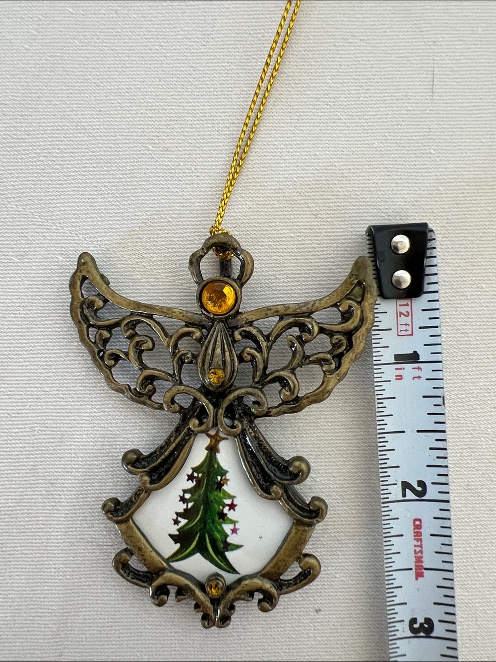 Gold-Tone Angel Christmas Ornament with Green Tree and Amber Accents